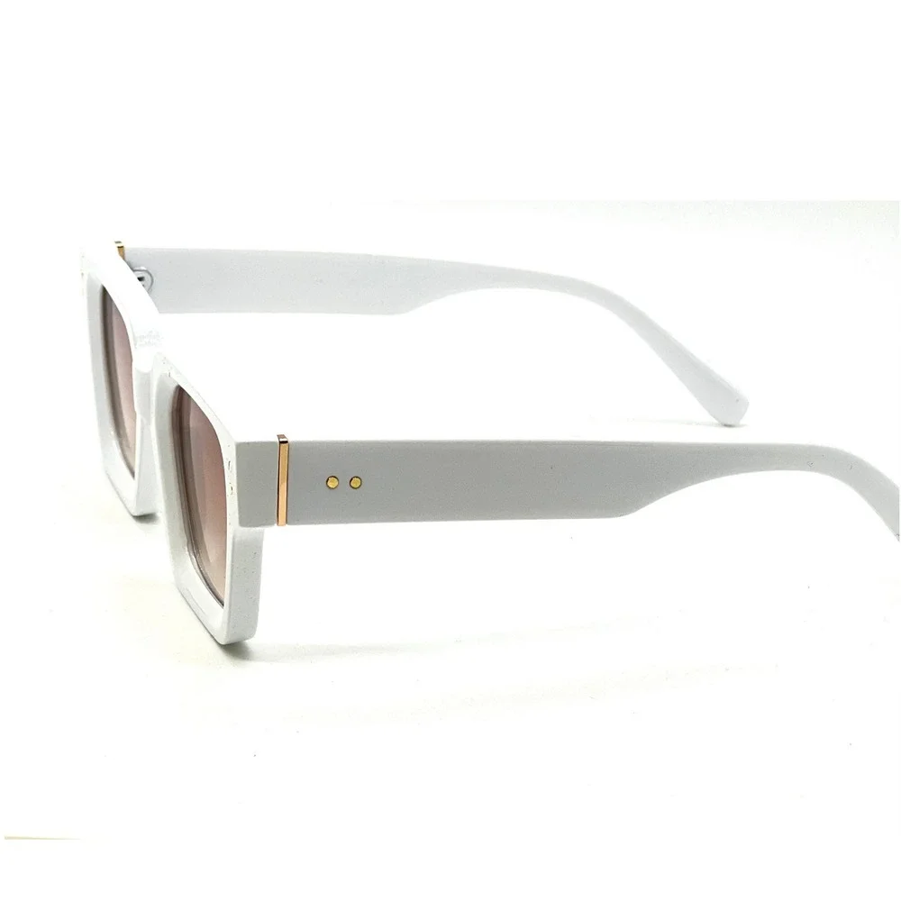 Square Sunglasses White Frame Brown Lens Gold Accent Fashion Shades Retro Lentes